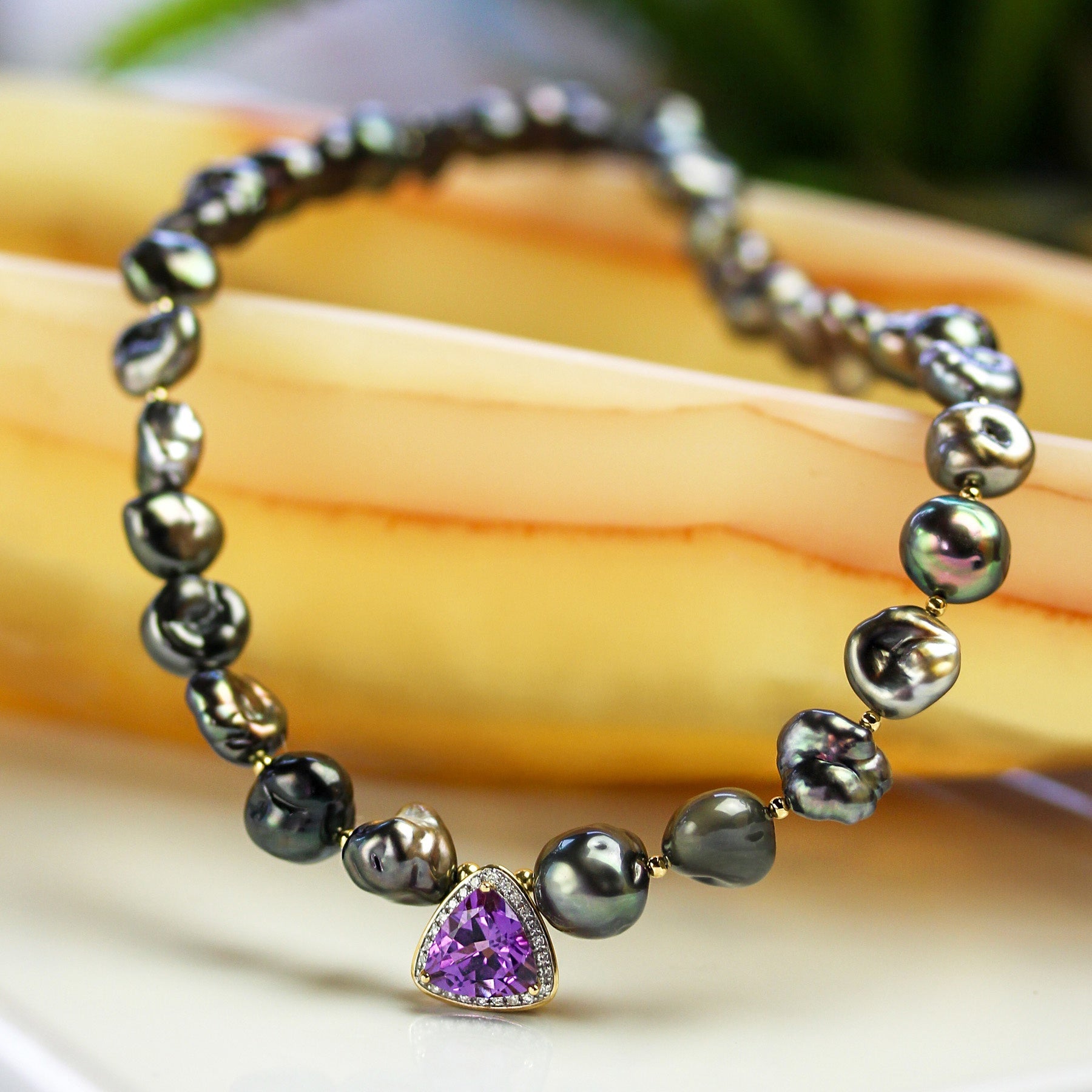 Tahitian Keishi Pearl Necklace with Amethyst Pendant