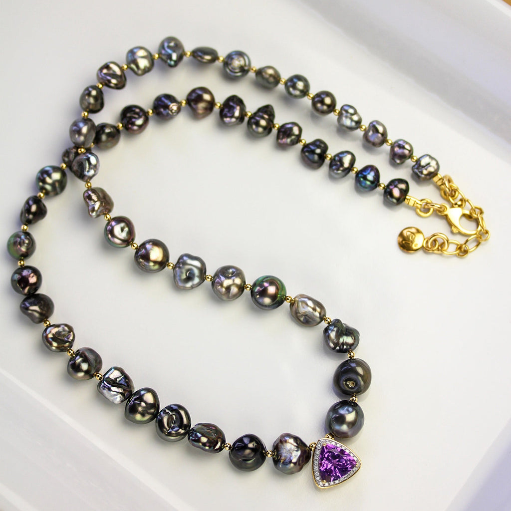 Tahitian Keishi Pearl Necklace with Amethyst Pendant