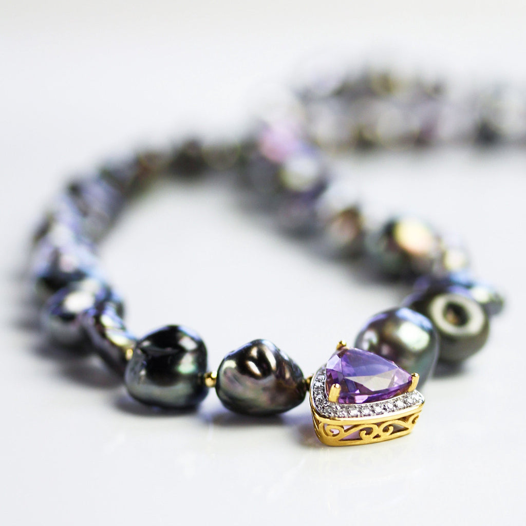Tahitian Keishi Pearl Necklace with Amethyst Pendant