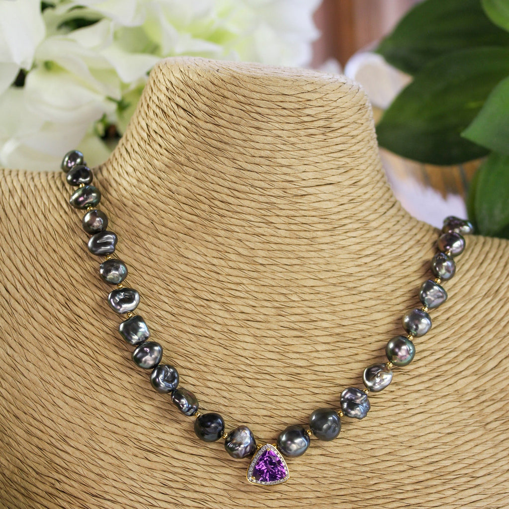 Tahitian Keishi Pearl Necklace with Amethyst Pendant
