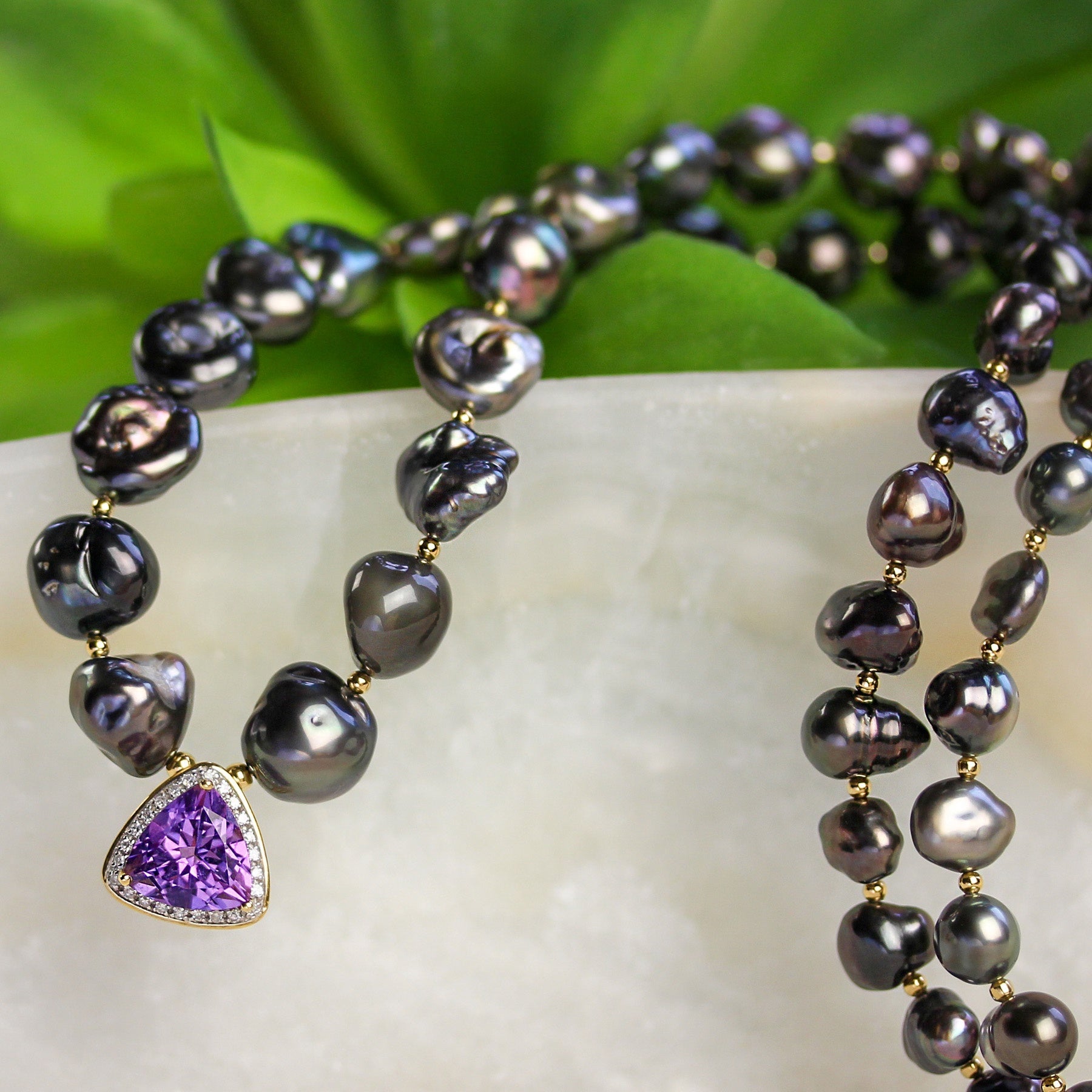 Tahitian Keishi Pearl Necklace with Amethyst Pendant