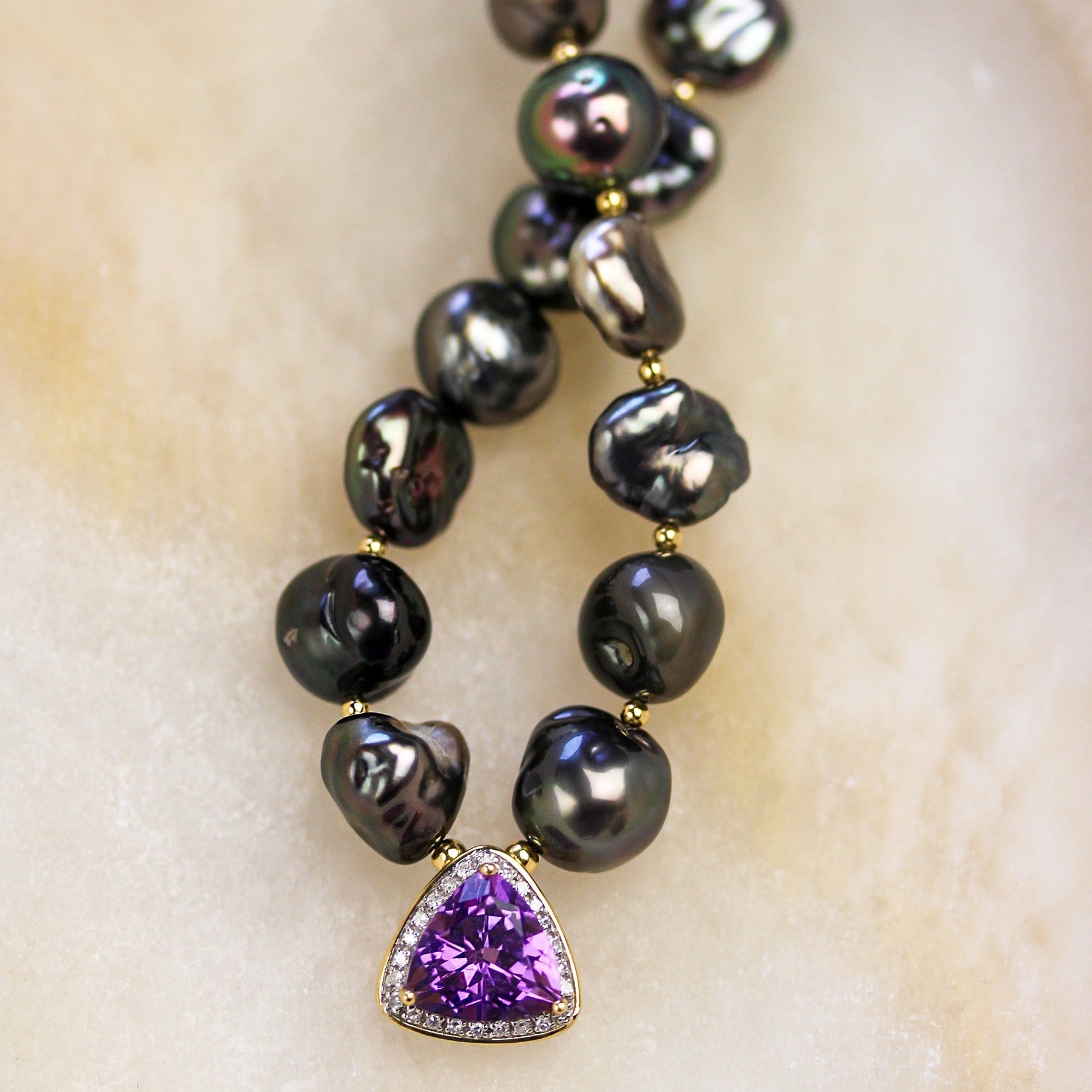 Tahitian Keishi Pearl Necklace with Amethyst Pendant