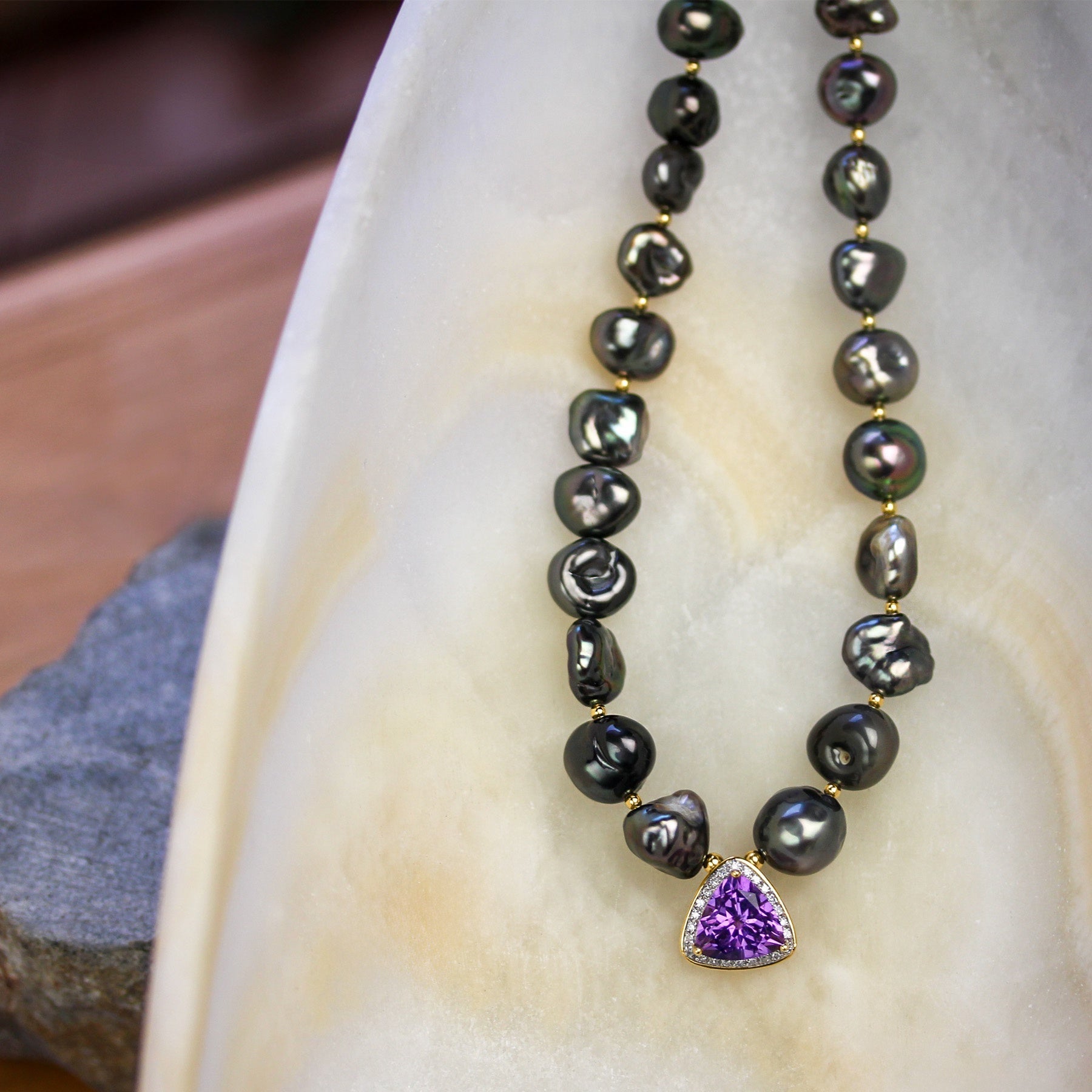Tahitian Keishi Pearl Necklace with Amethyst Pendant