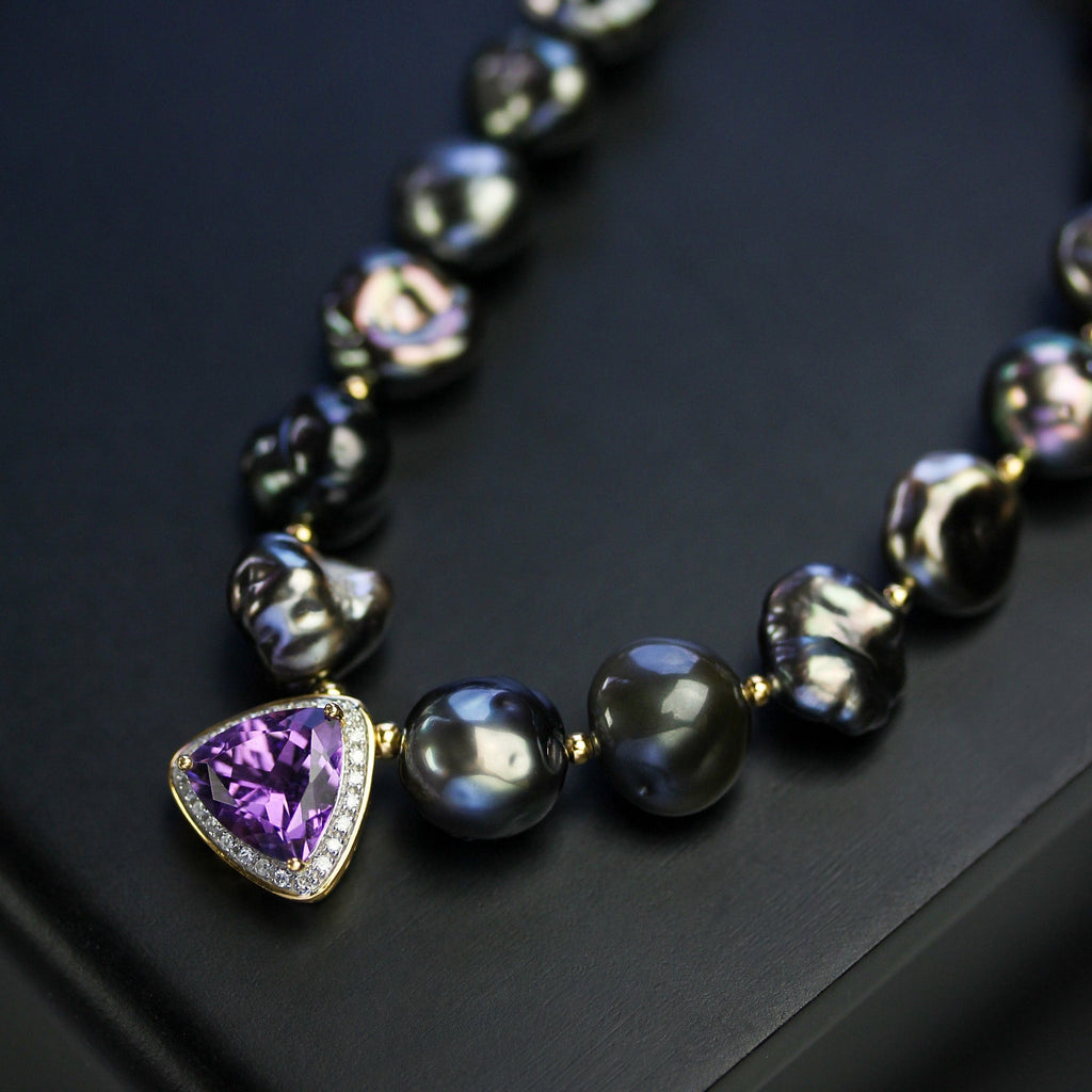 Tahitian Keishi Pearl Necklace with Amethyst Pendant
