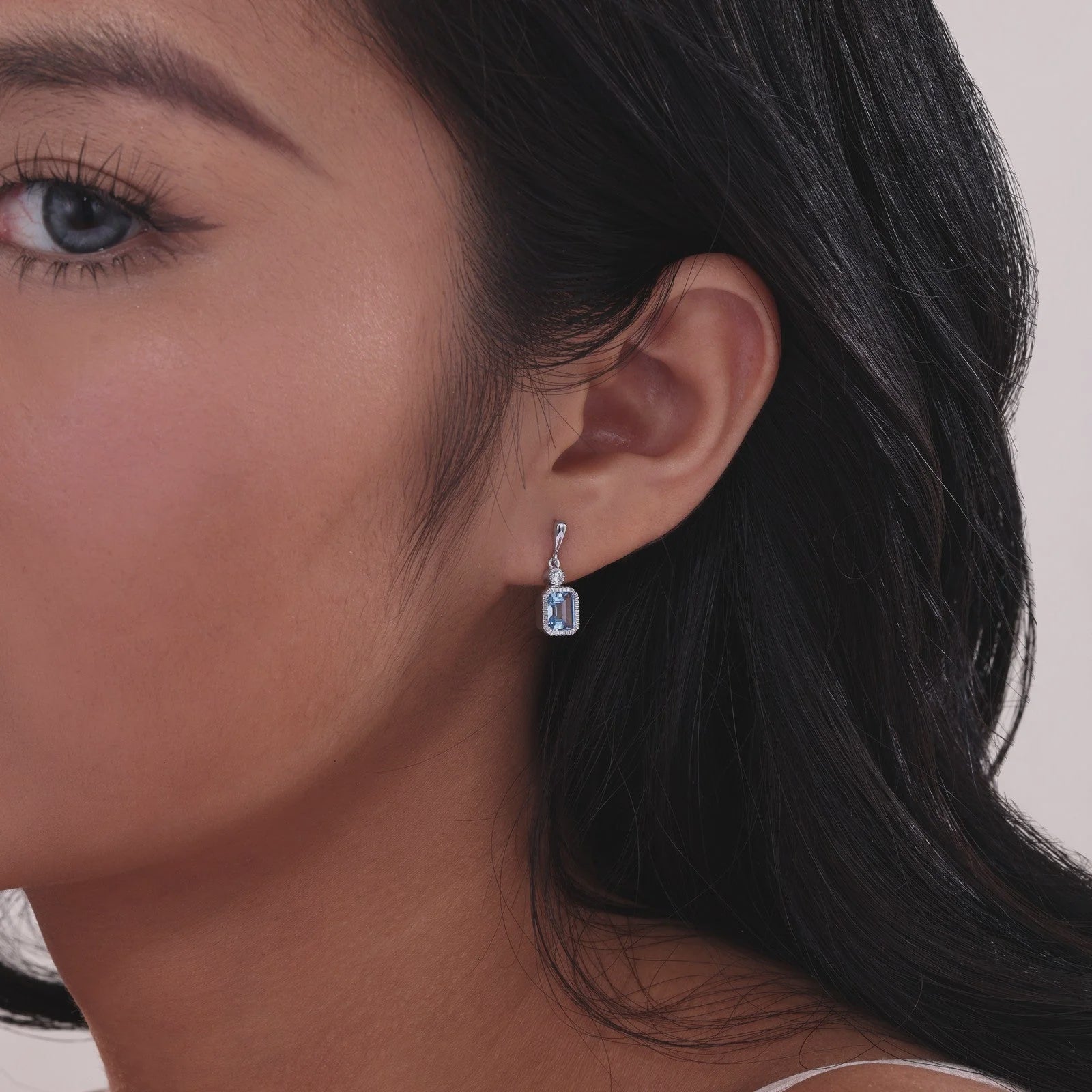 Simulated Emerald-Cut Aquamarine & Diamond March Birthstone Earring