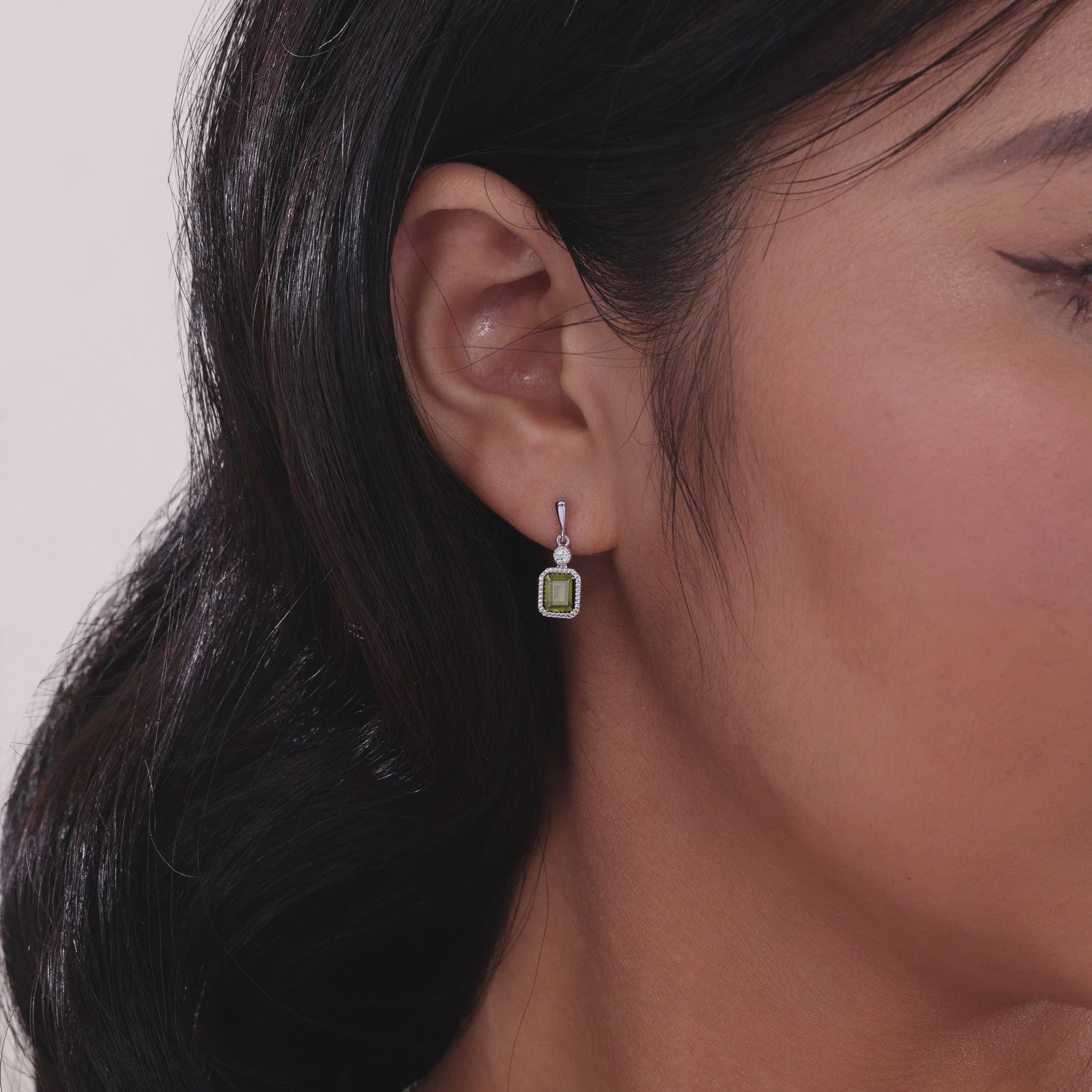 Simulated Emerald-Cut Peridot & Diamond August Birthstone Earring