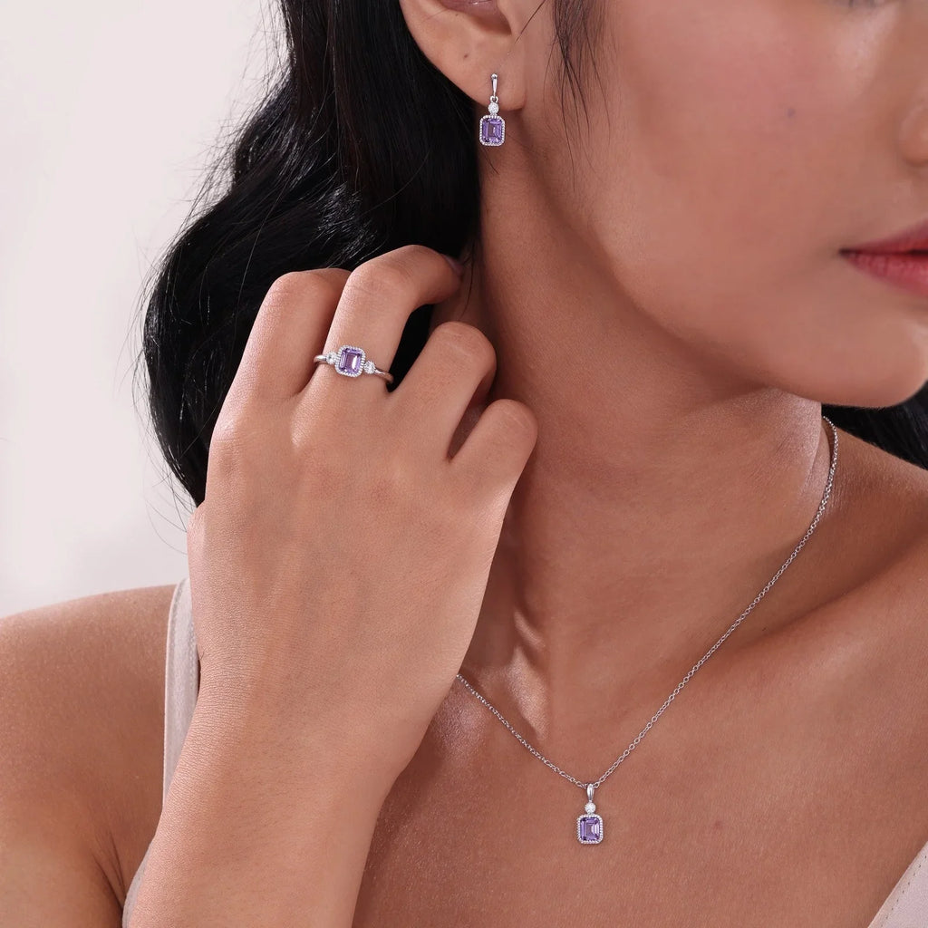 Simulated Emerald-Cut Amethyst & Diamond February Birthstone Necklace