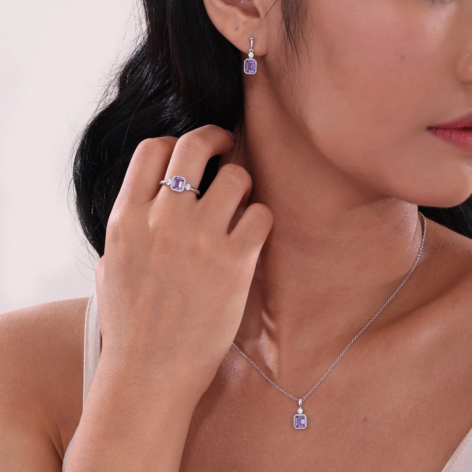 Simulated Emerald-Cut Amethyst & Diamond February Birthstone Necklace