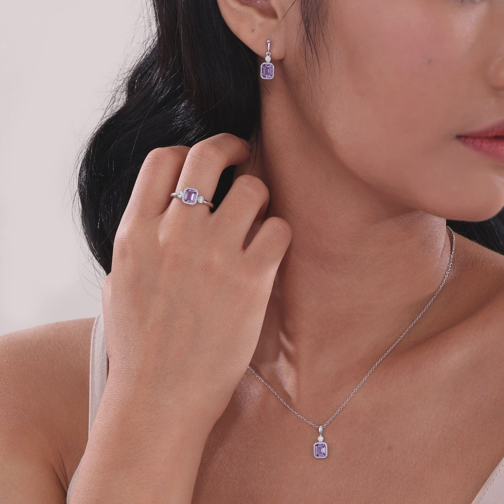 Simulated Emerald-Cut Amethyst & Diamond February Birthstone Earring