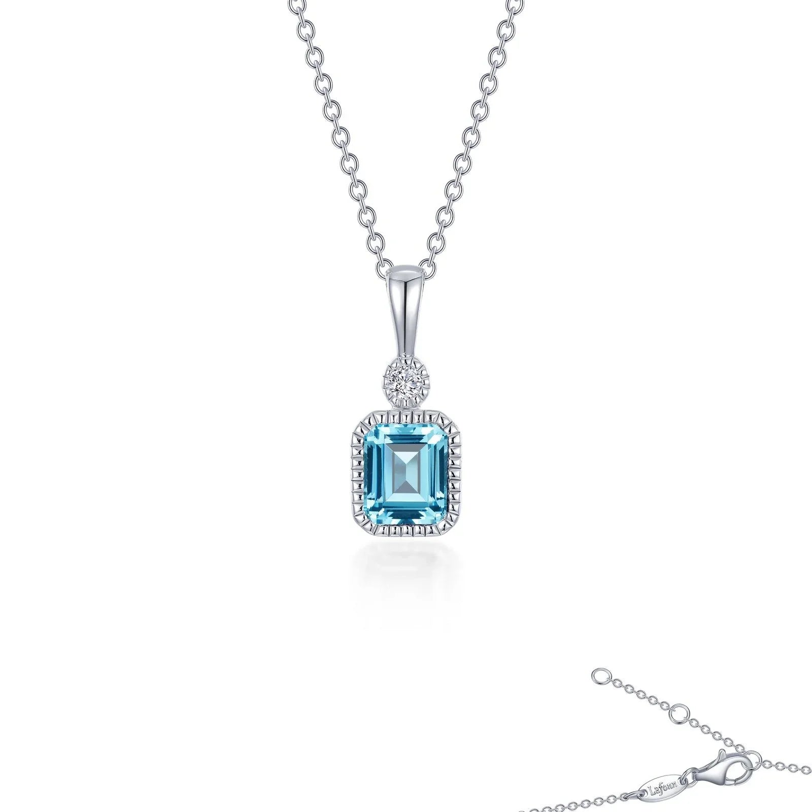 Simulated Emerald-Cut Aquamarine & Diamond March Birthstone Necklace