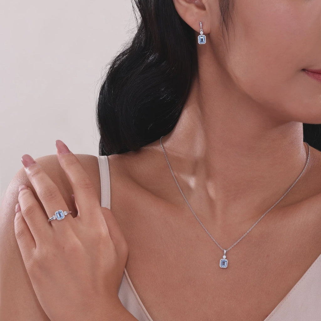 Simulated Emerald-Cut Aquamarine & Diamond March Birthstone Necklace