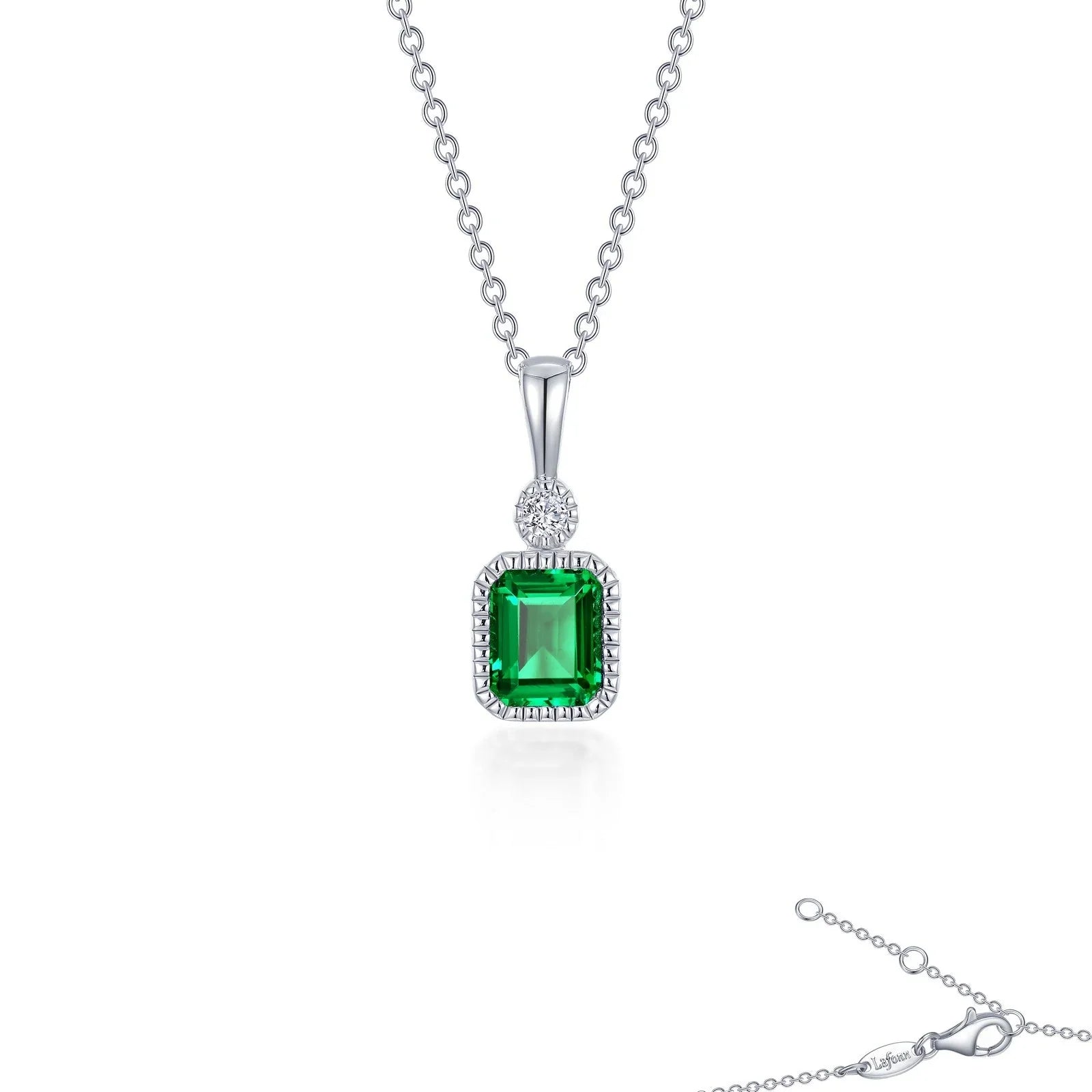 Simulated Emerald-Cut Emerald & Diamond May Birthstone Necklace
