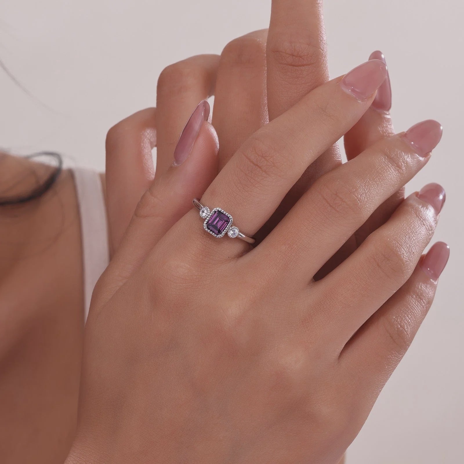 Simulated Emerald-Cut Alexandrite & Diamond June Birthstone Ring