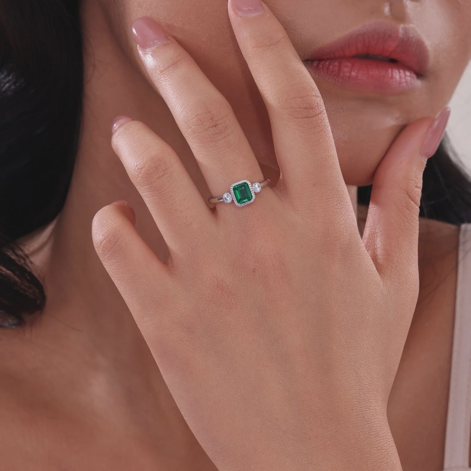 Simulated Emerald-Cut Emerald & Diamond May Birthstone Ring