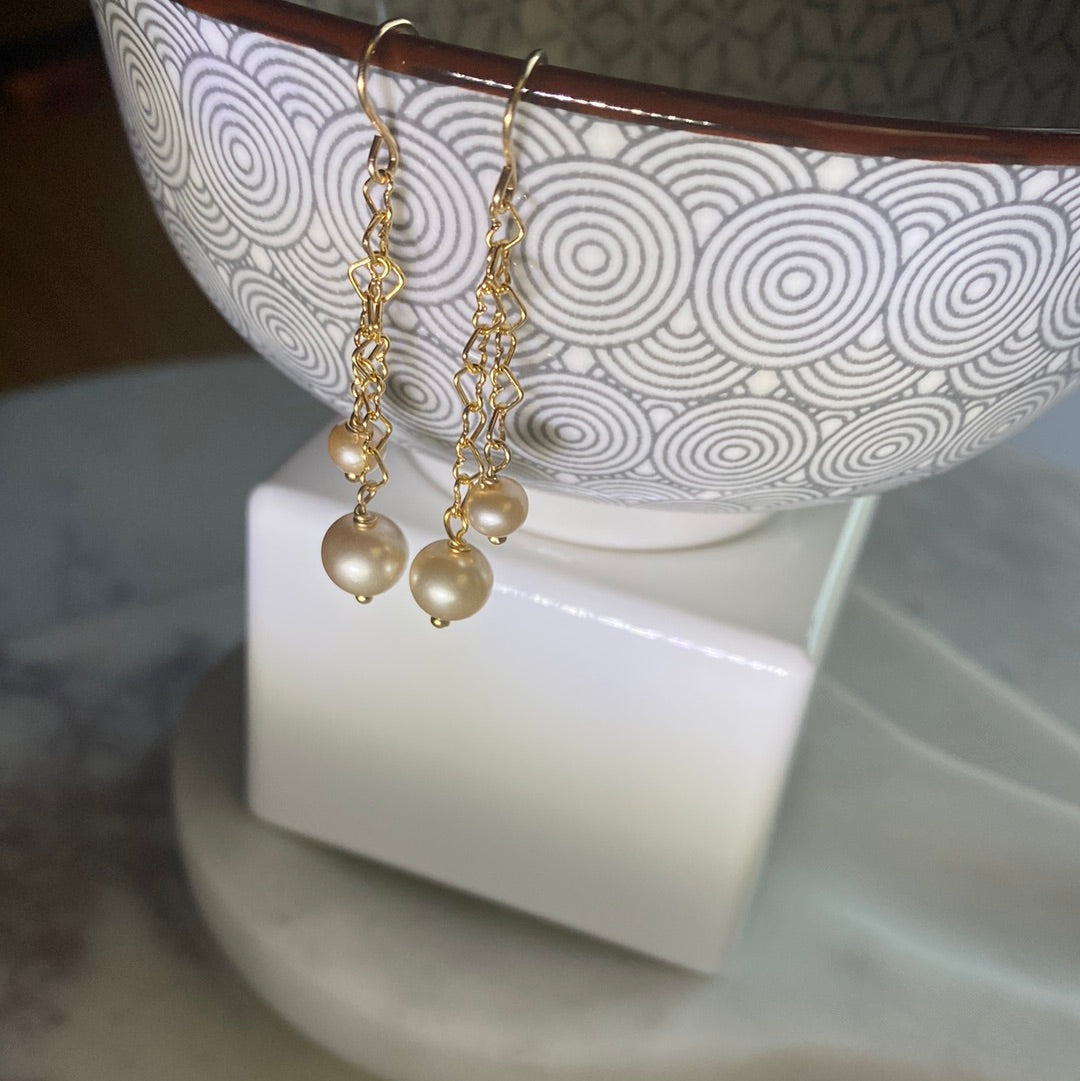 Pearl & 14KTGF Heart Chain Link Earrings