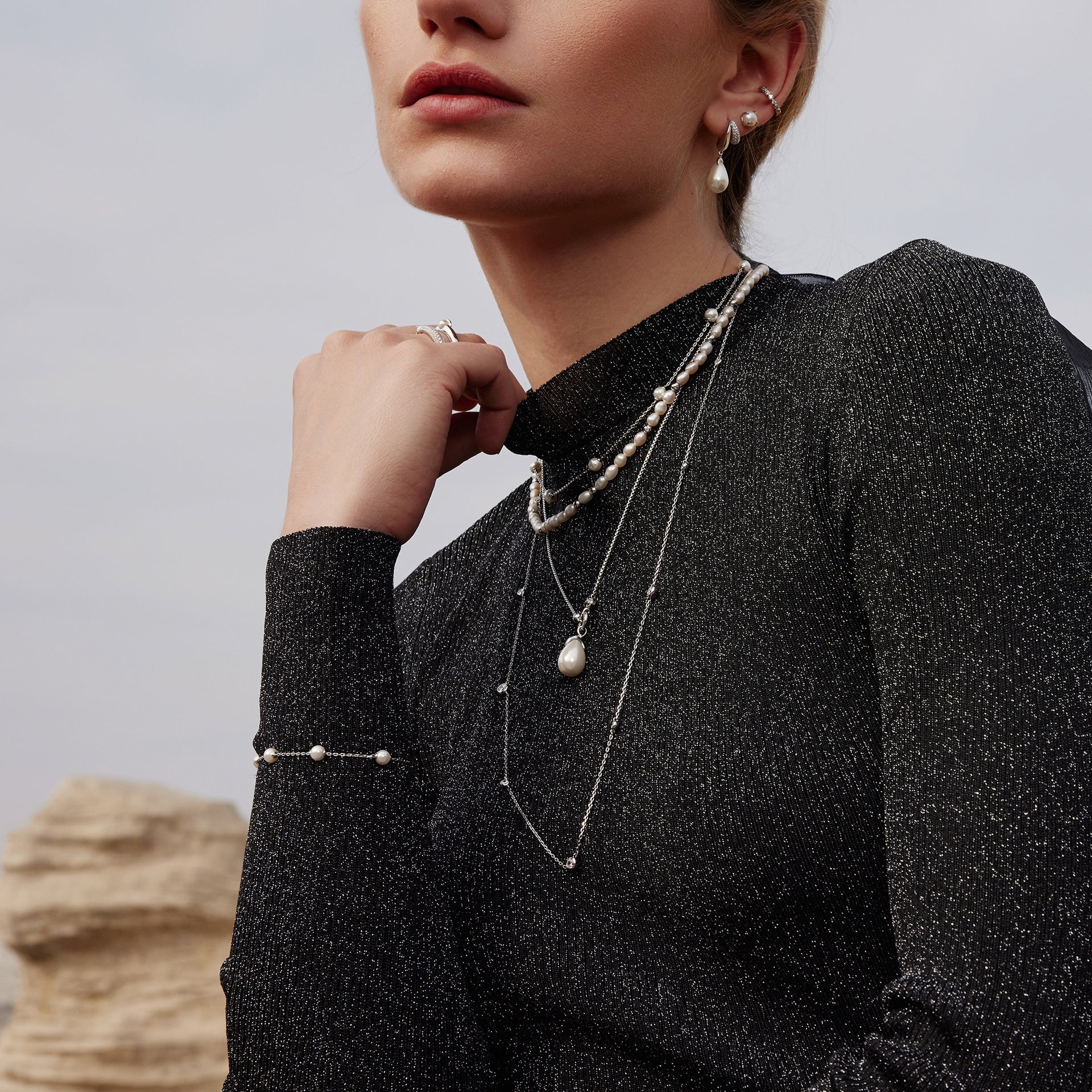 Reimaginer - Silver Sparkling Duet Mixed Shell Pearl Drop Huggie Hoop Earrings