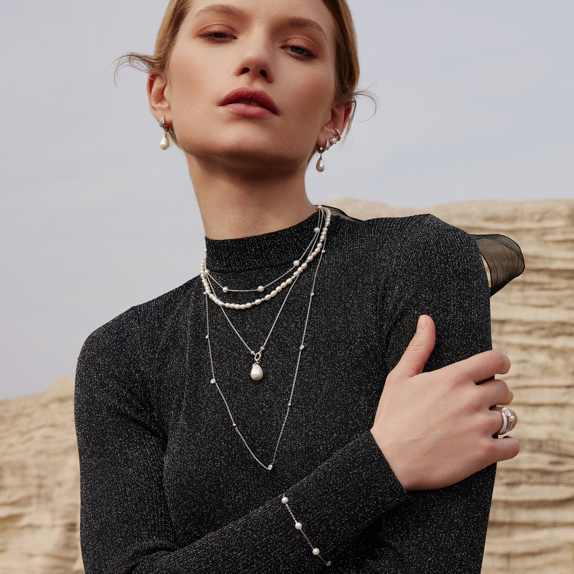 Reimaginer - Silver Sparkling Duet Mixed Shell Pearl Drop Huggie Hoop Earrings