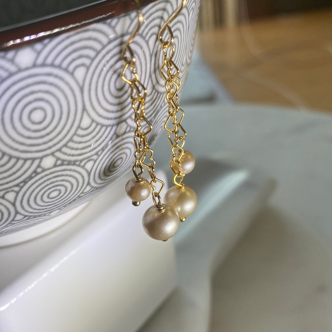 Pearl & 14KTGF Heart Chain Link Earrings