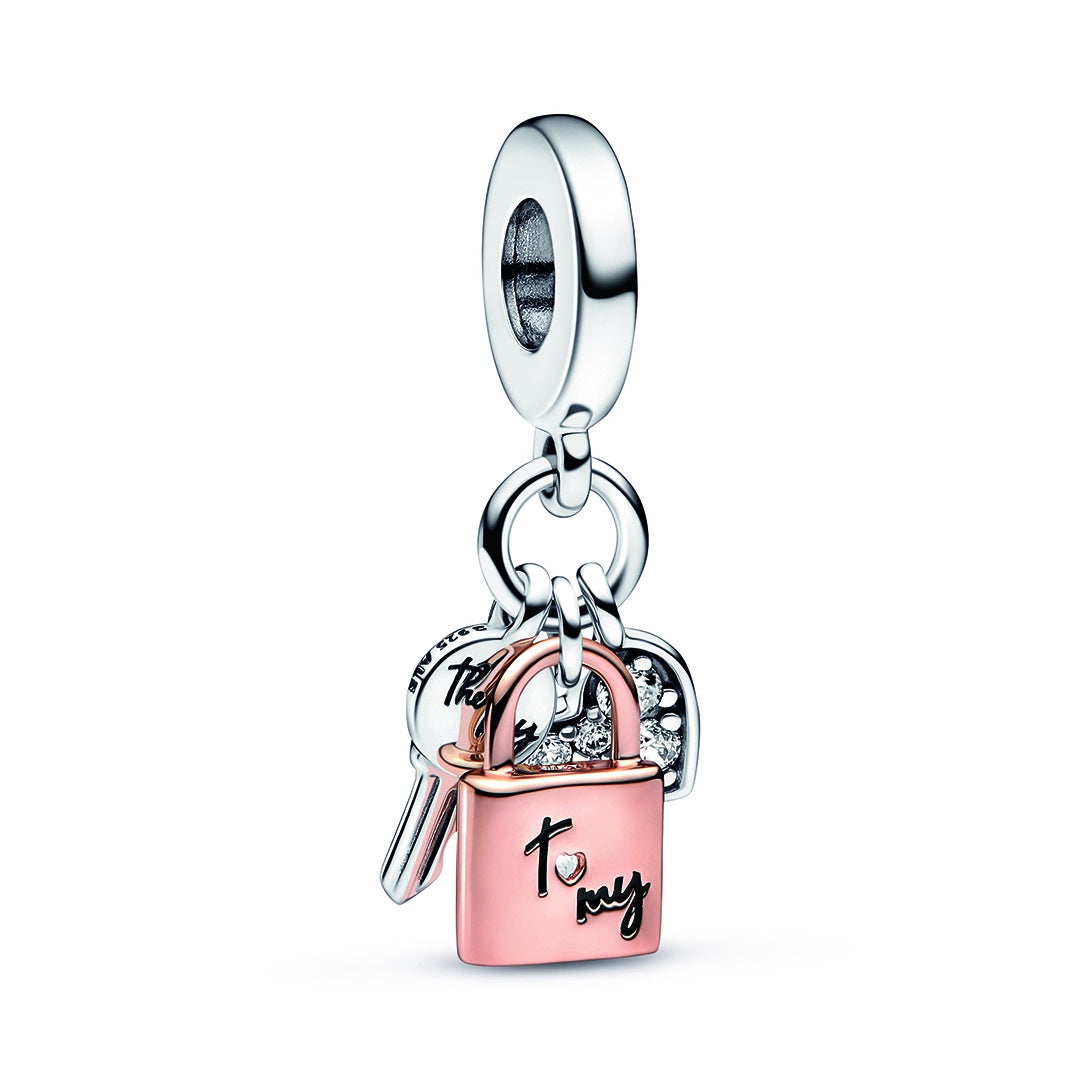 Two-tone Key, Padlock & Heart Triple Dangle Charm