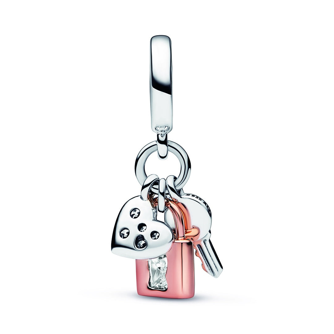 Two-tone Key, Padlock & Heart Triple Dangle Charm