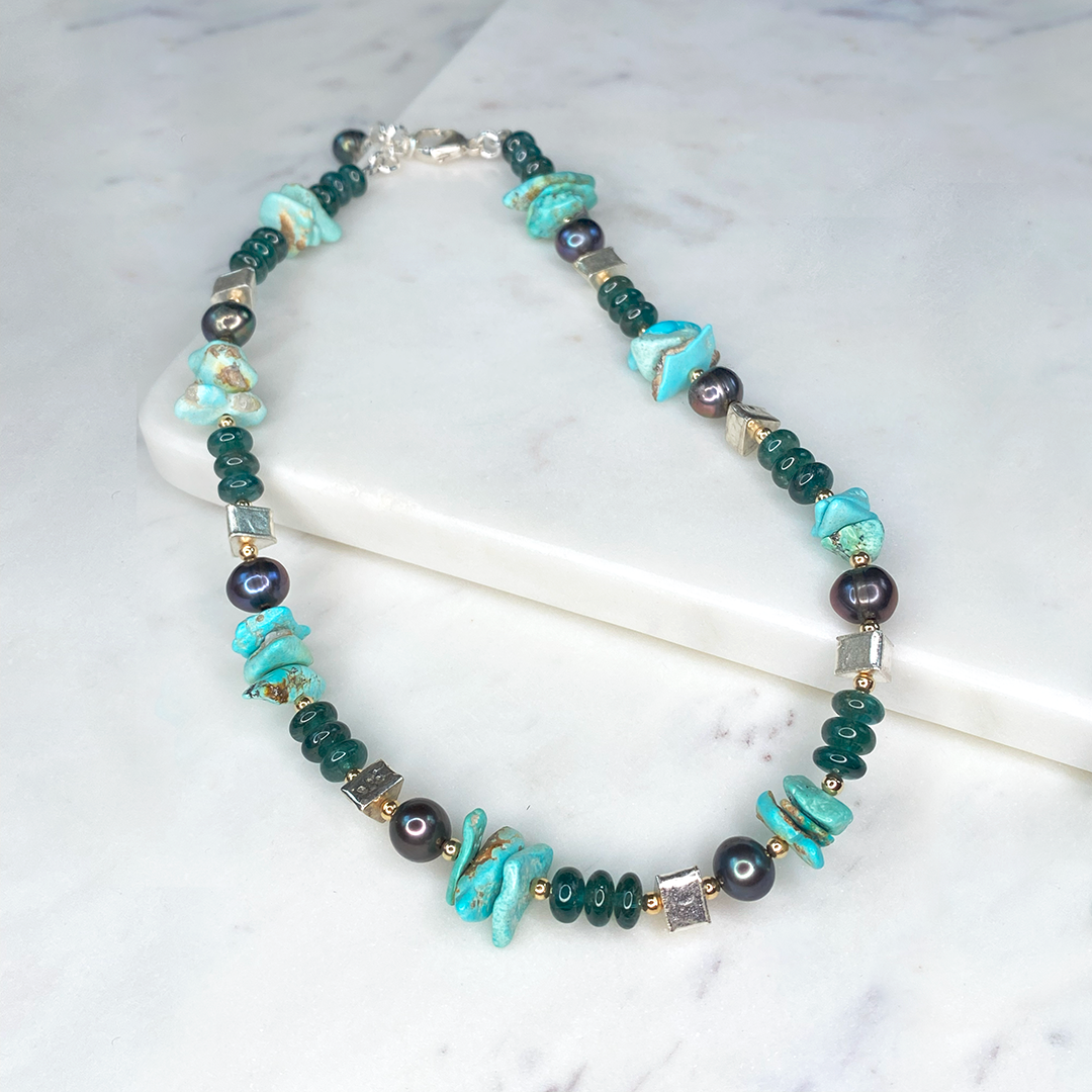 Turquoise, Green Onyx & Silver Necklace