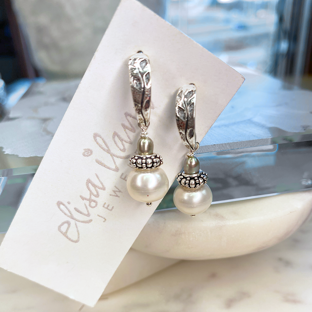 White Button Pearl Earrings on SS Posts