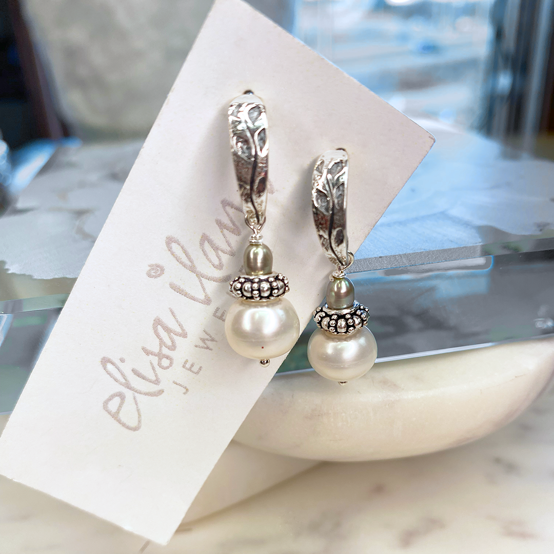 White Button Pearl Earrings on SS Posts
