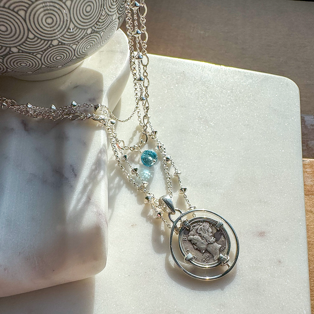 SS Chain Necklace w/ Faceted Gemstone