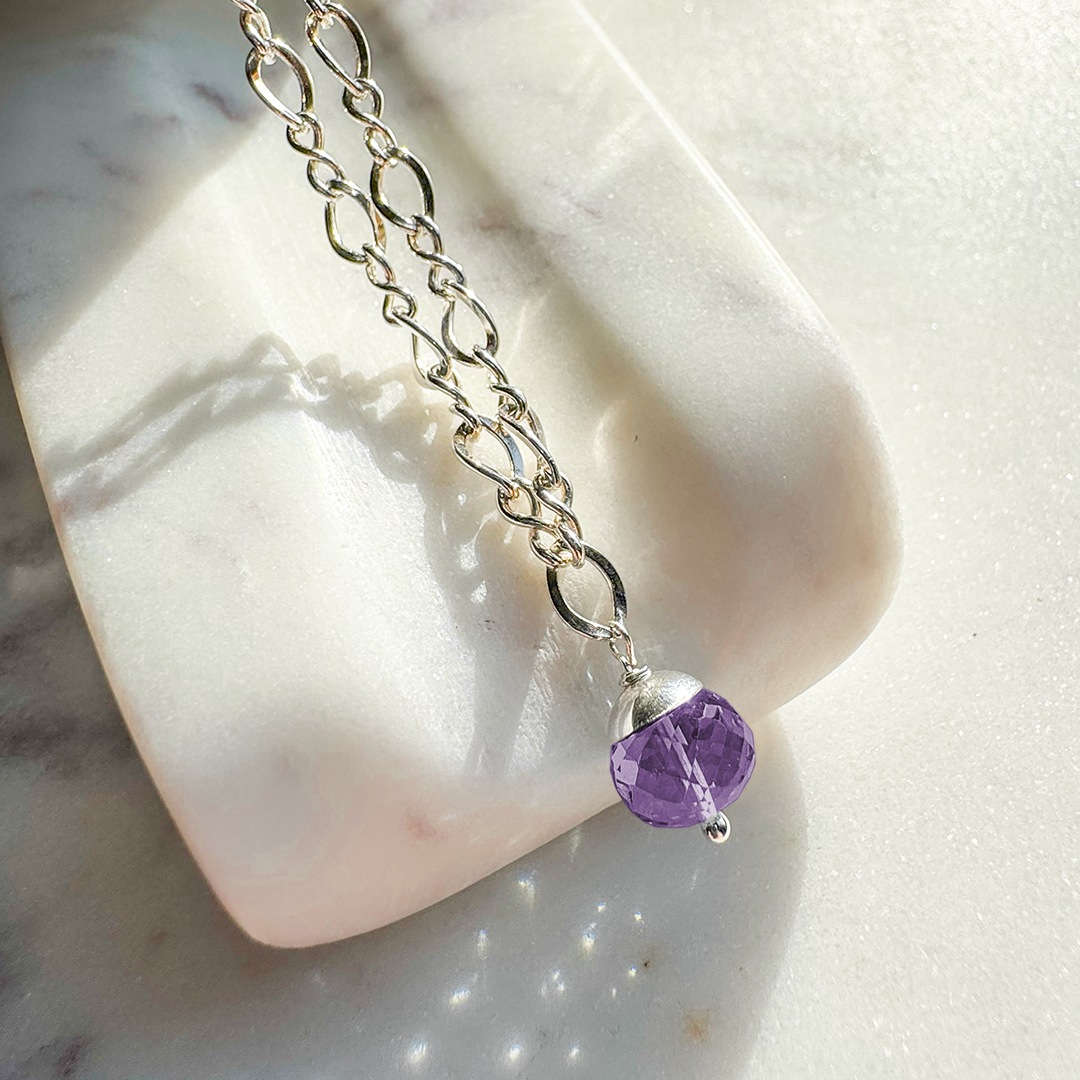 SS Chain Necklace w/ Faceted Gemstone