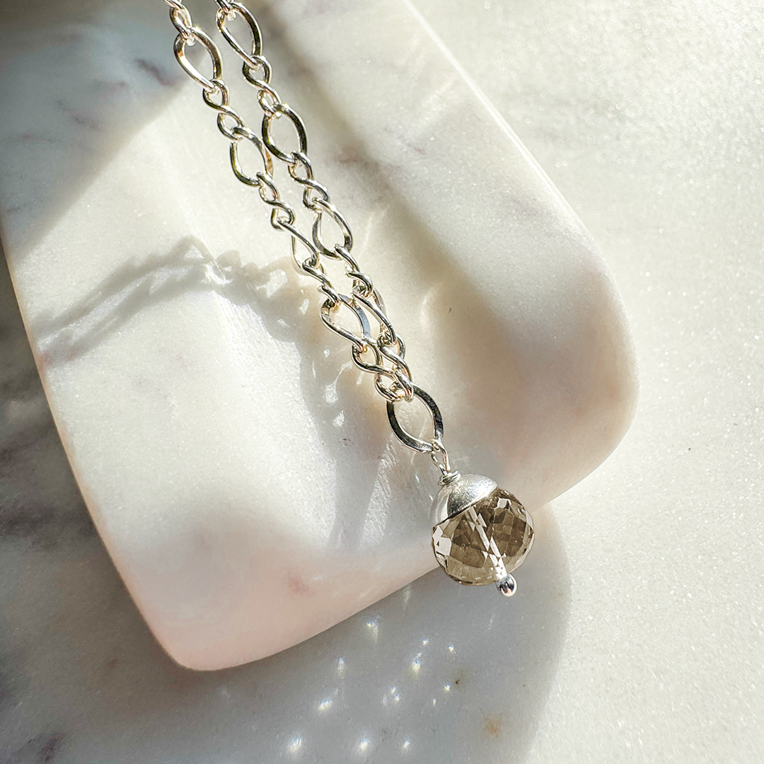 SS Chain Necklace w/ Faceted Gemstone