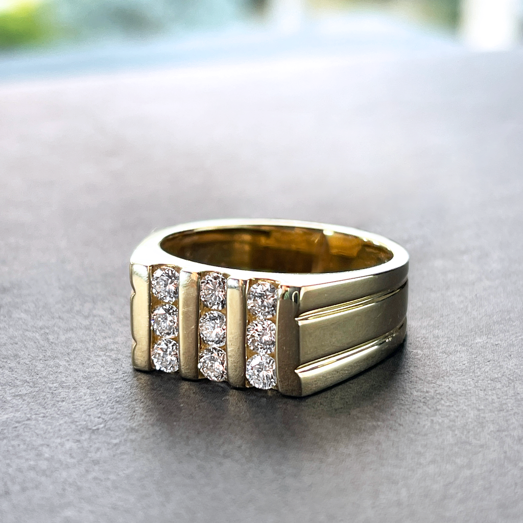 14k YG 0.90 CTS Diamond Row Mens Ring