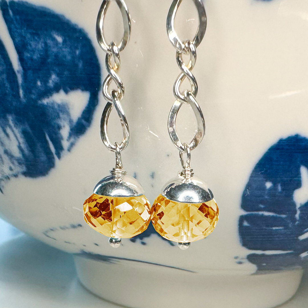 SS Chain Earrings w/ Faceted Gemstone