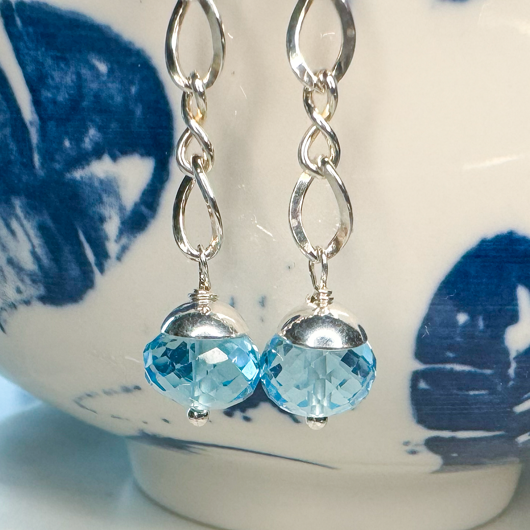 SS Chain Earrings w/ Faceted Gemstone