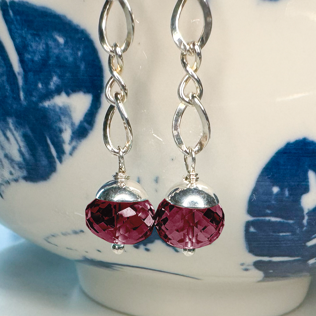 SS Chain Earrings w/ Faceted Gemstone