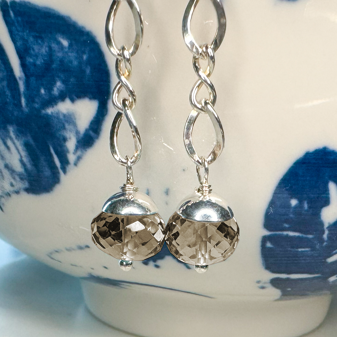 SS Chain Earrings w/ Faceted Gemstone