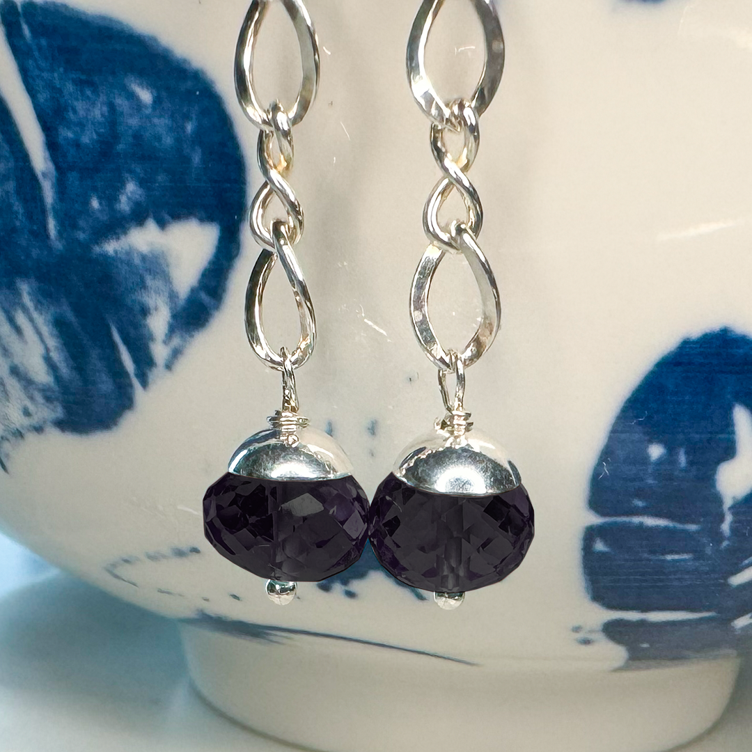 SS Chain Earrings w/ Faceted Gemstone