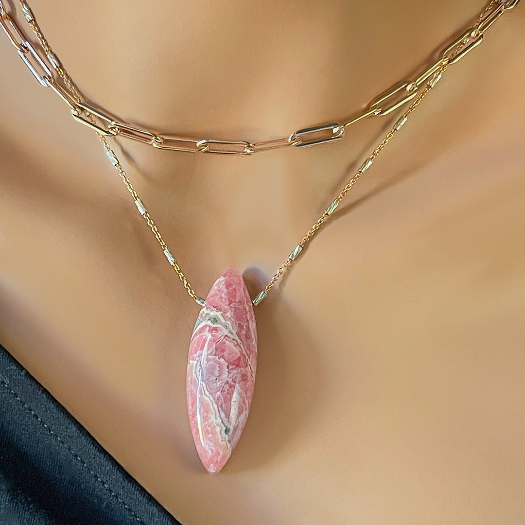 Rhodochrosite Pendant on Station Chain Necklace