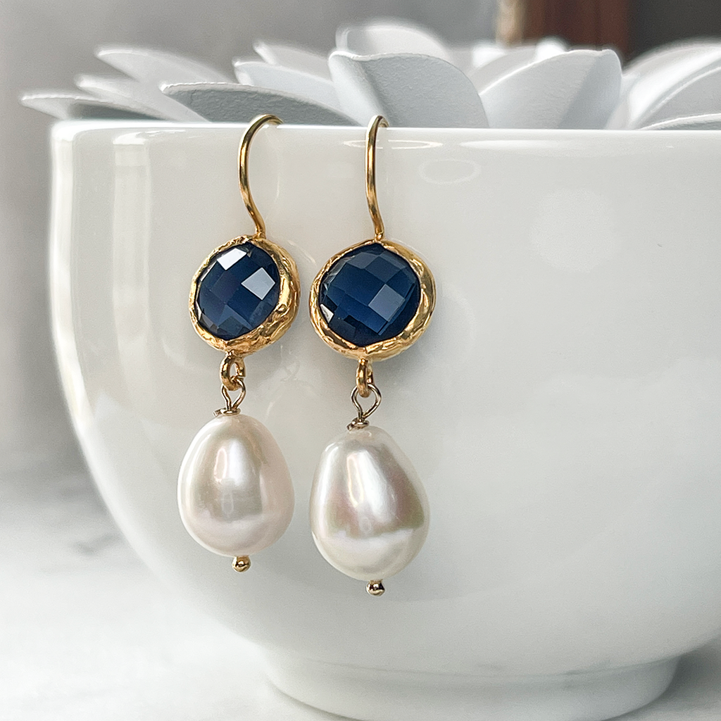 Pearl & Dk Blue Quartz Earrings