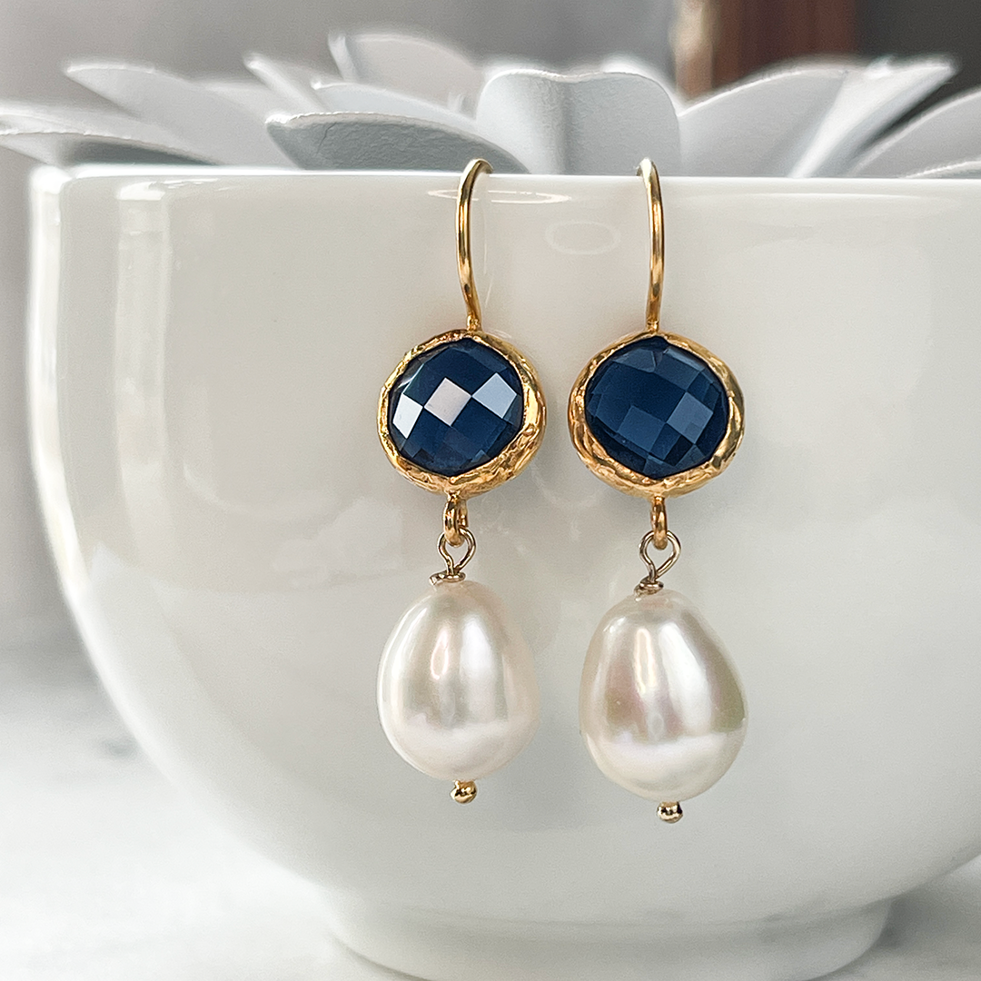 Pearl & Dk Blue Quartz Earrings