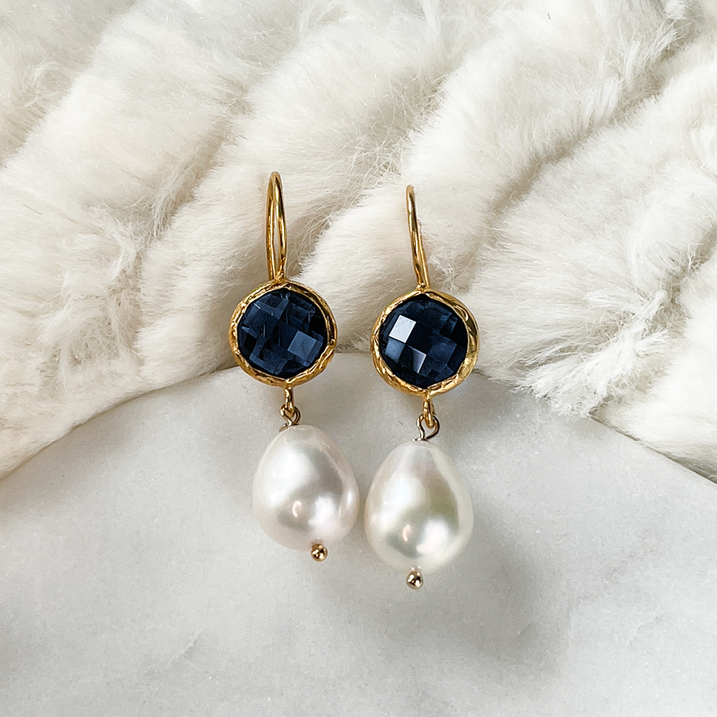 Pearl & Dk Blue Quartz Earrings