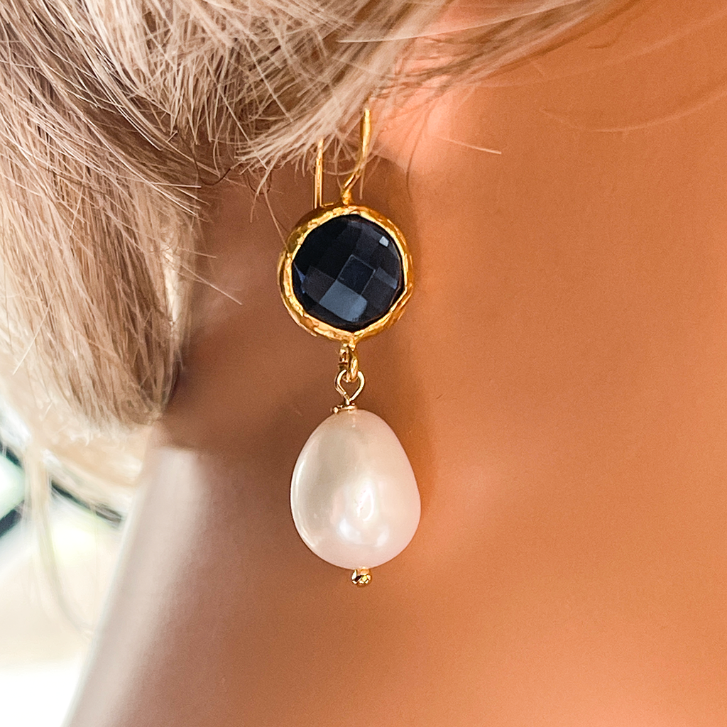 Pearl & Dk Blue Quartz Earrings