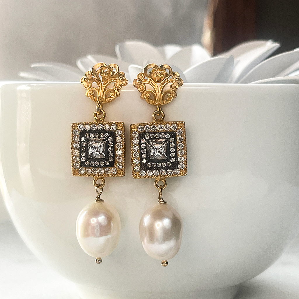 Pearl, Black Rhodium and CZ Earrings