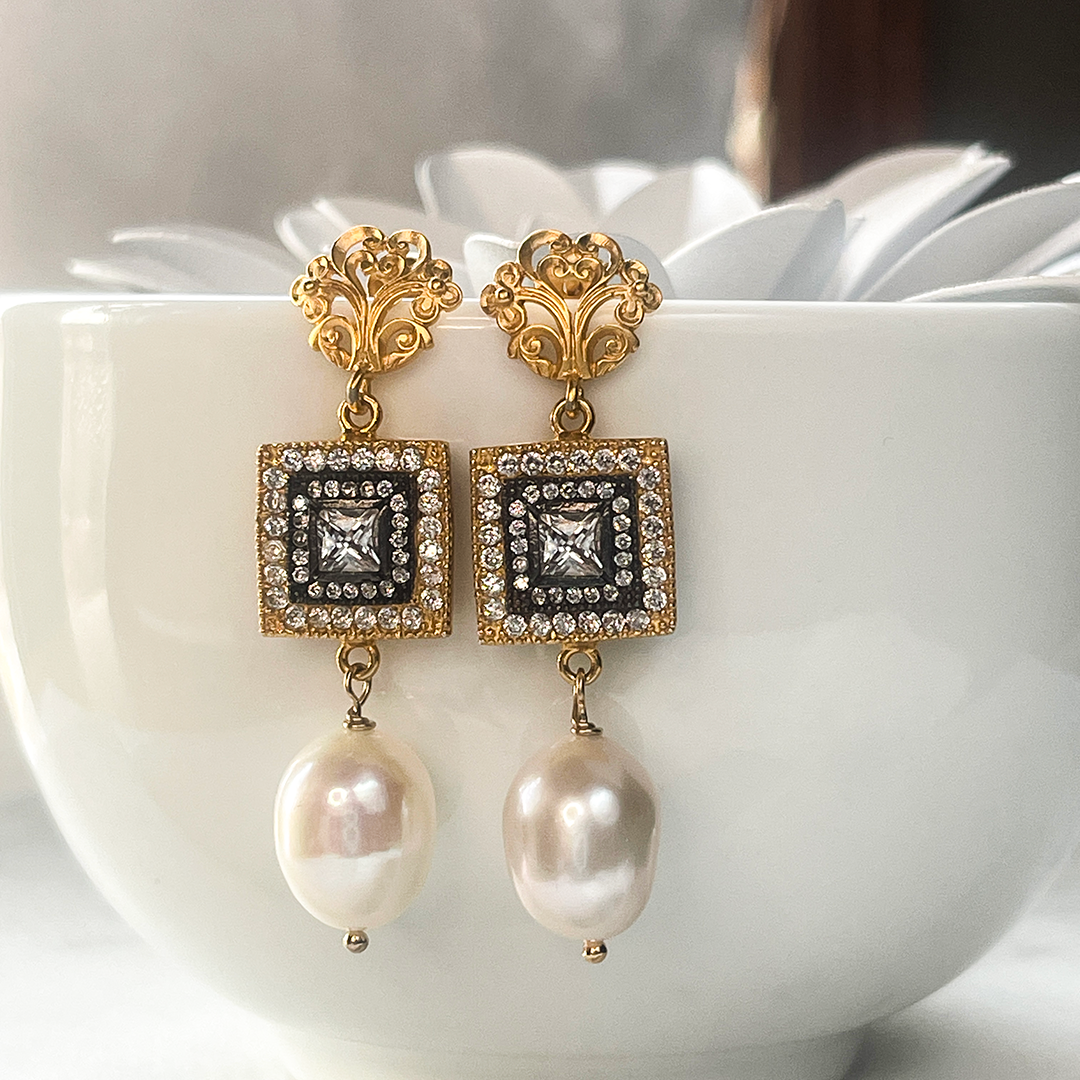 Pearl, Black Rhodium and CZ Earrings