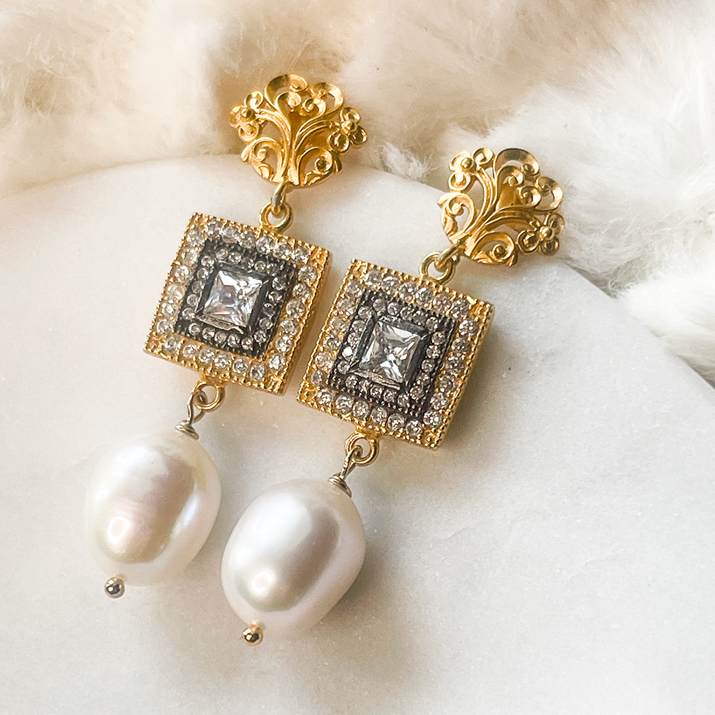 Pearl, Black Rhodium and CZ Earrings