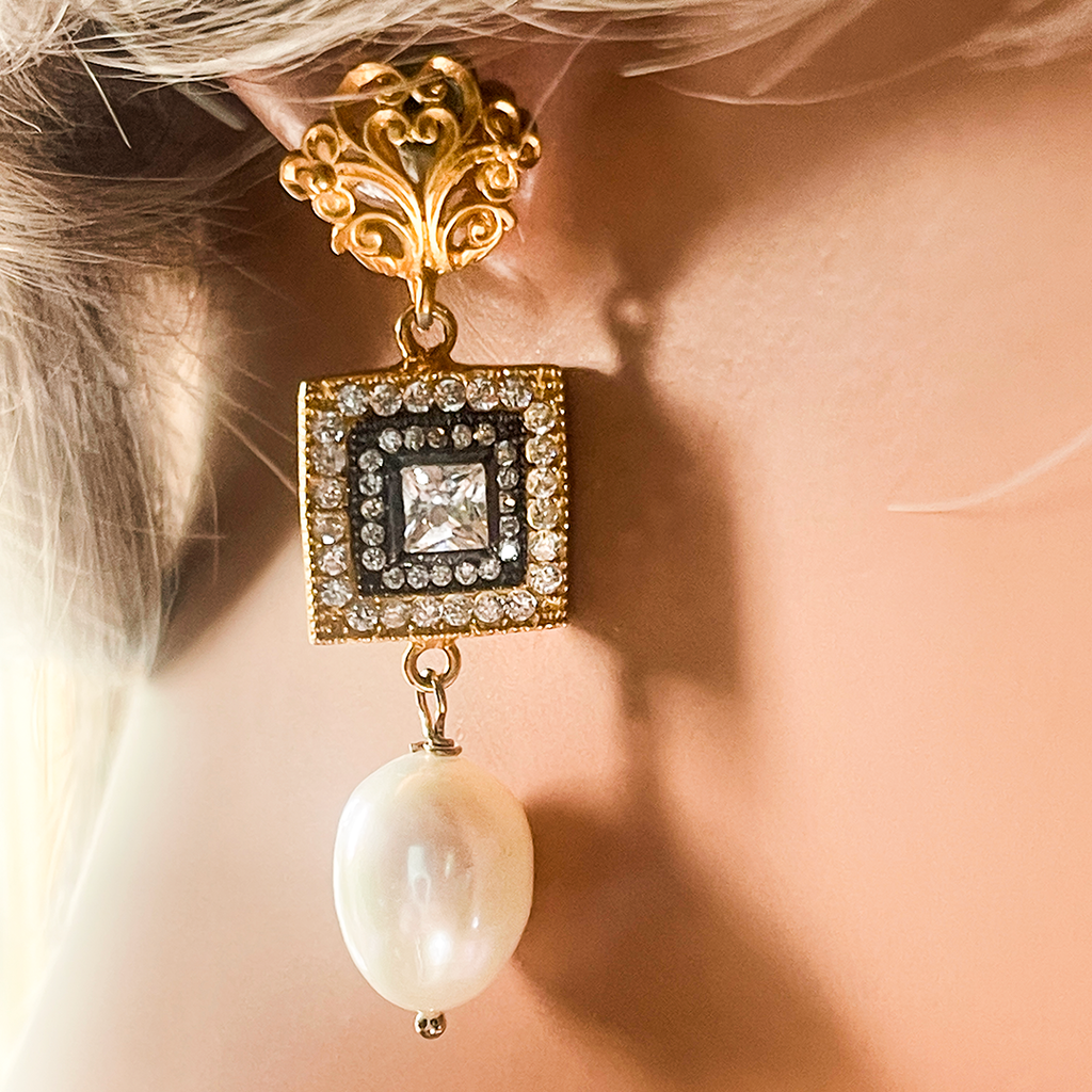 Pearl, Black Rhodium and CZ Earrings