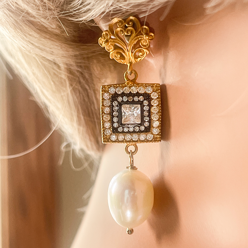 Pearl, Black Rhodium and CZ Earrings