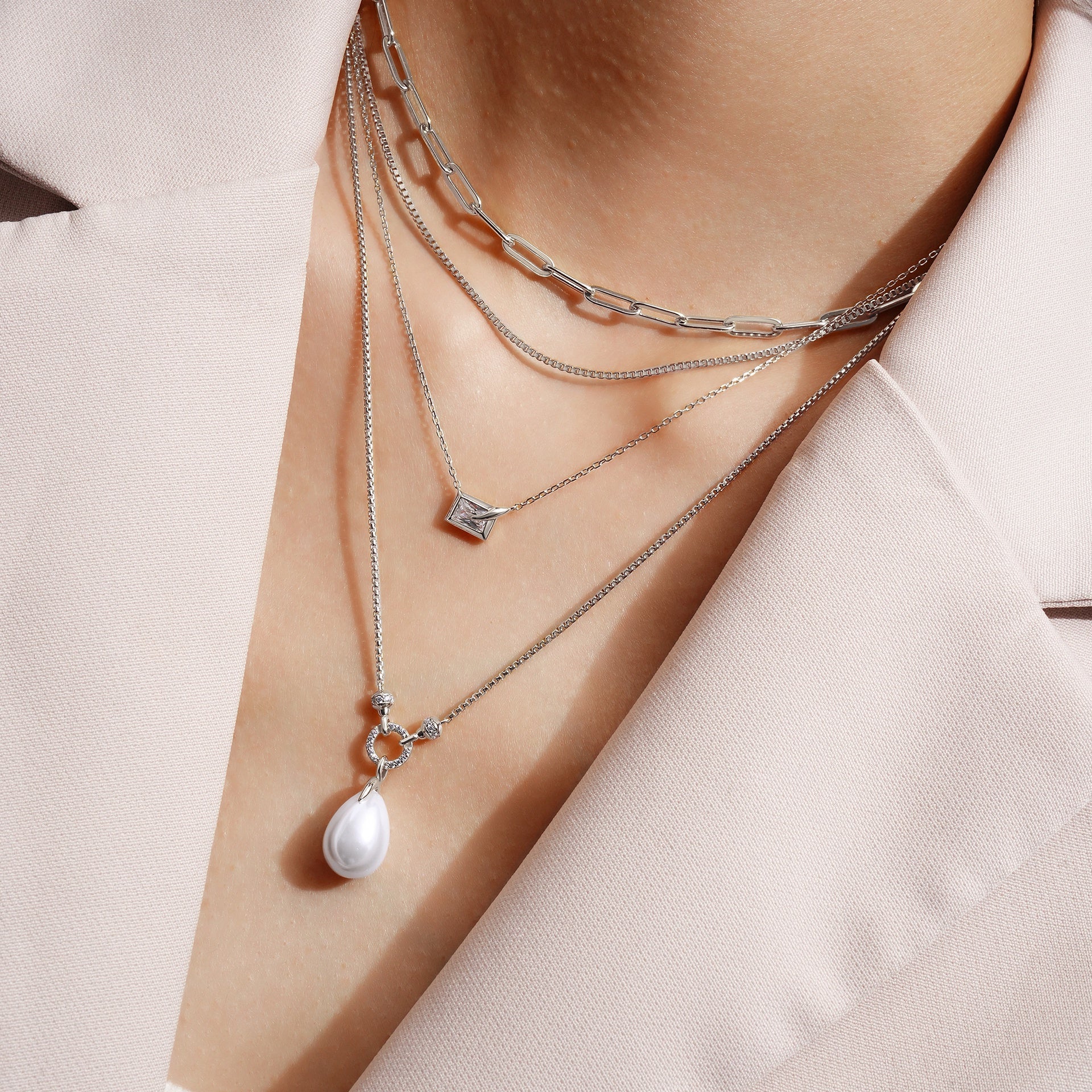 Reimaginer - Silver Linked Shell Pearl Drop Pendant Necklace