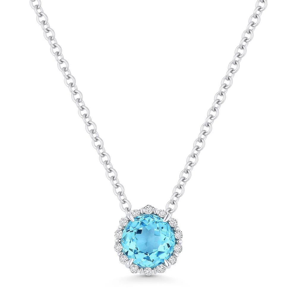 14KW Round Blue Topaz & Diamond Necklace