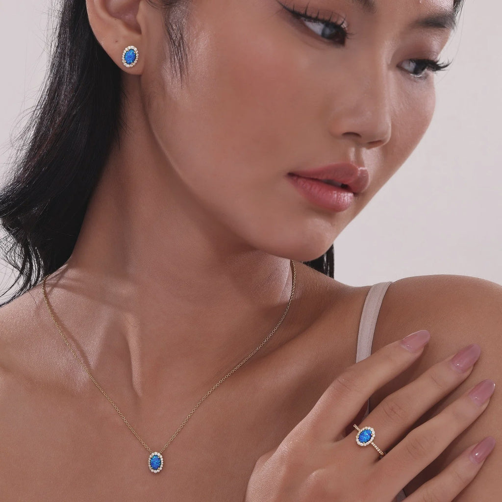 Vintage Inspired Blue Opal Halo Necklace