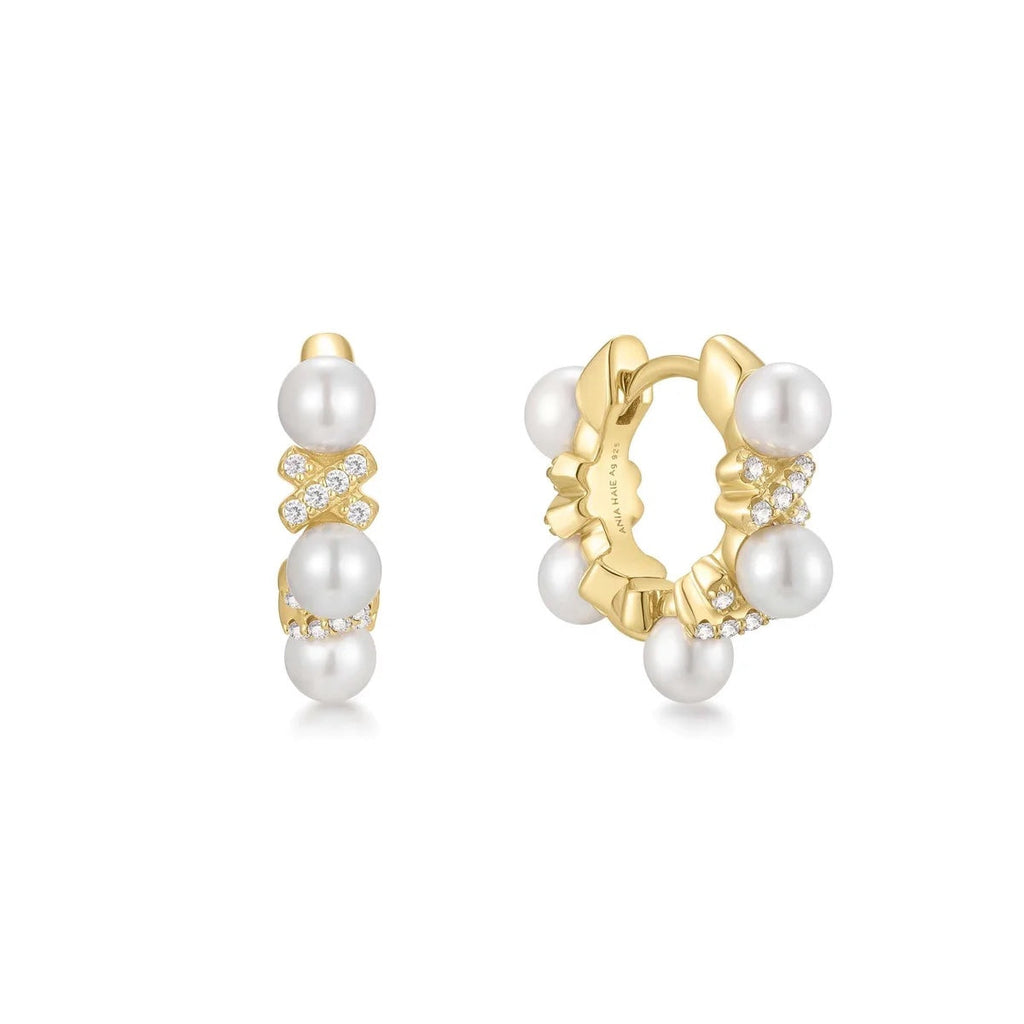Reimaginer - Gold Sparkling Braided Shell Pearl Huggie Hoop Earrings